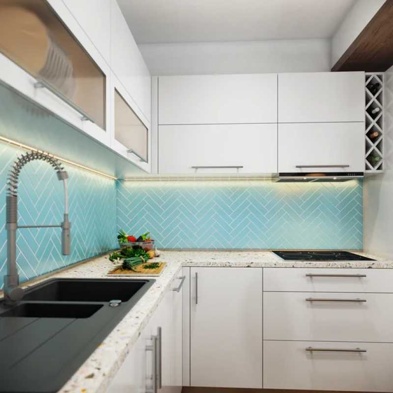 Tilery azure matte 2x8 seaglass backsplash